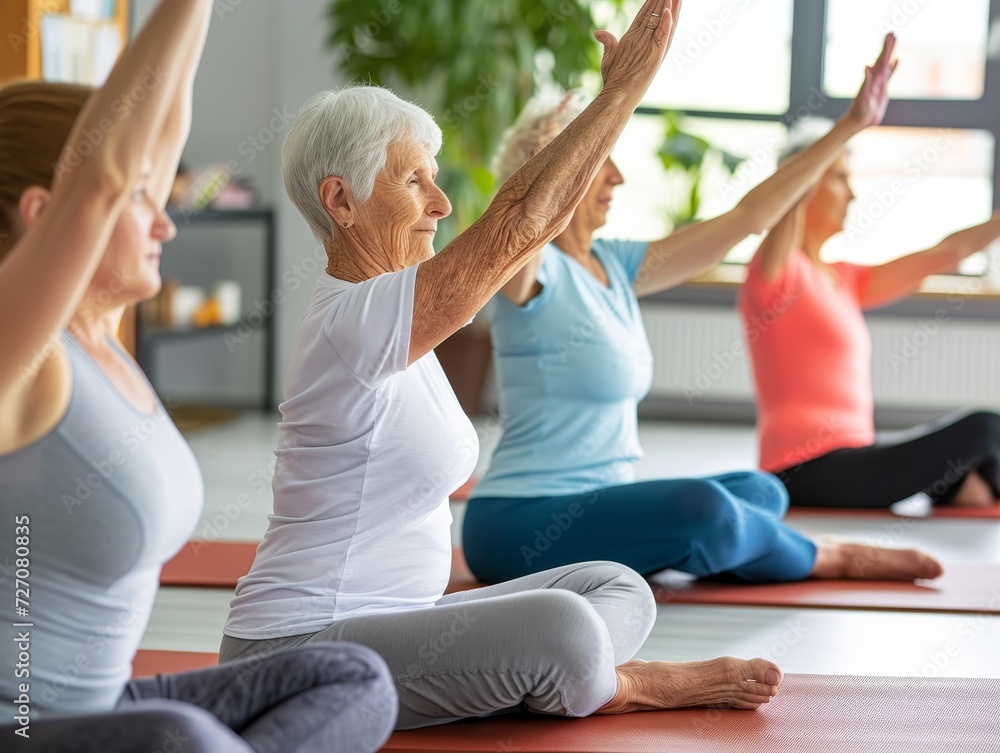A group of senior citizens practicing Pilates in a studio, focusing on core strength and flexibility A group of senior citizens practicing Pilates in a studio, focusing on core strength and flexibility