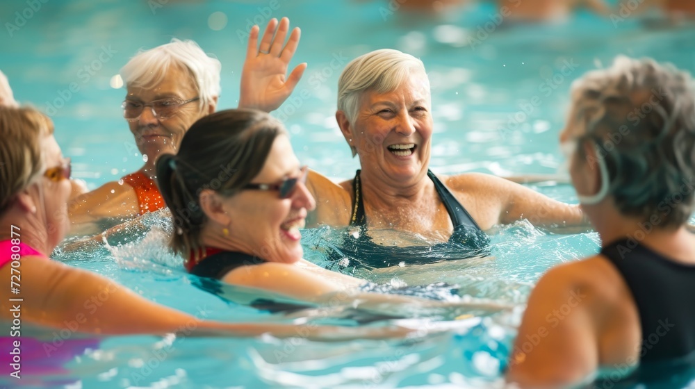 A group of senior women doing water aerobics in a community pool, laughing and chatting 