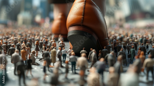 Feet of giant businesswoman walking over a crowd of tiny business people in financial district. Concept of trample over someone at all costs, unscrupulous, feeling at the top of the world photo
