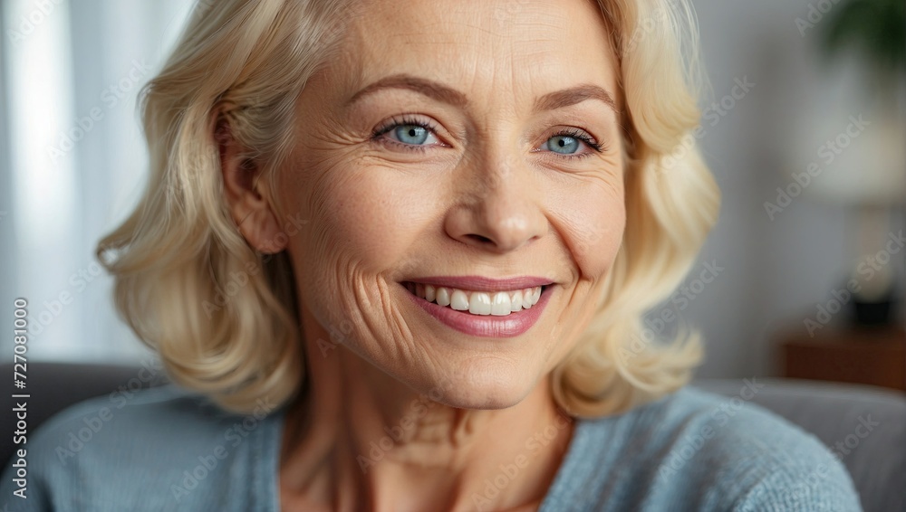 Portrait of a radiant elderly blonde woman with a beaming smile, indoors with soft lighting. Portrait of a radiant elderly blonde woman with a beaming smile, indoors with soft lighting.