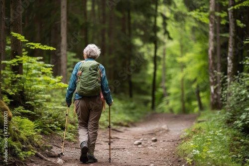 A senior woman hiking with a walking stick on a forest trail, admiring the view