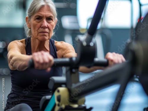 A senior woman using a rowing machine in a fitness center, with intense concentration