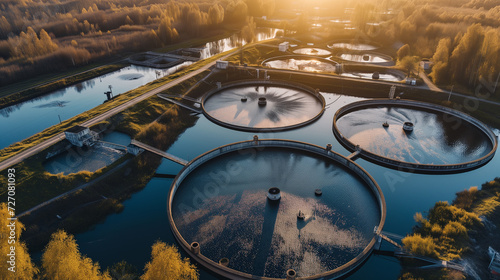 Early morning light bathes a wastewater treatment facility, highlighting circular tanks and water purification process.