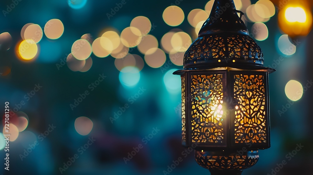 Hanging Ornamental Arabic lantern glowing in night invitation for Muslim holy month Ramadan Kareem Hanging Ornamental Arabic lantern glowing in night invitation for Muslim holy month Ramadan Kareem