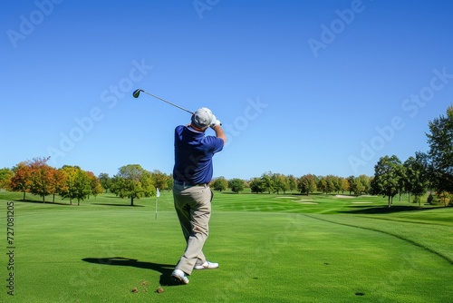 An old man playing golf, swinging a club on a green fairway under a clear blue sky 