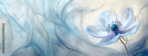 Panel kuchenny z motywem Anemon i dym, jasna tapeta w niebieskie kwiaty, puste miejsce