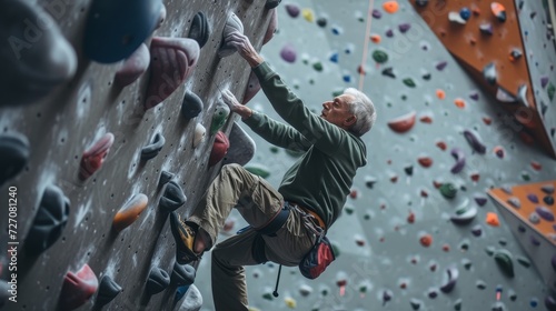 An old man rock climbing indoors, carefully ascending with focus and determination