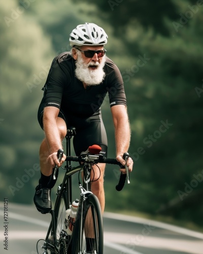 An old man with a white beard, wearing cycling gear, riding a road bike on a picturesque country lane
