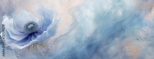 Anemon i dym, jasna tapeta w niebieskie kwiaty, puste miejsce photo
