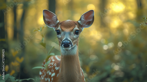 the deer is looking up while out in the forest