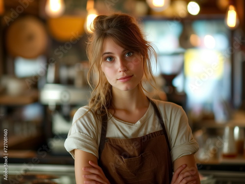 Portrait of barista in apron at the bar of the modern cafe. Barista at counter in cafe. Coffee cafe. Stunning, Beautiful woman.