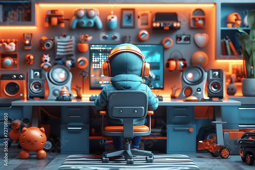 gamer in headphones plays at the computer, neon background  © Helen