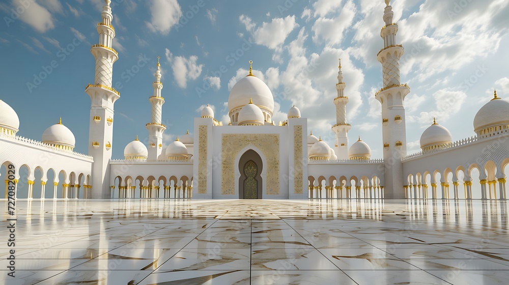 Fototapeta premium Ramadan Kareem. Tall minarets, mosque dome and crescent and shining star in the sky. Religious background.
