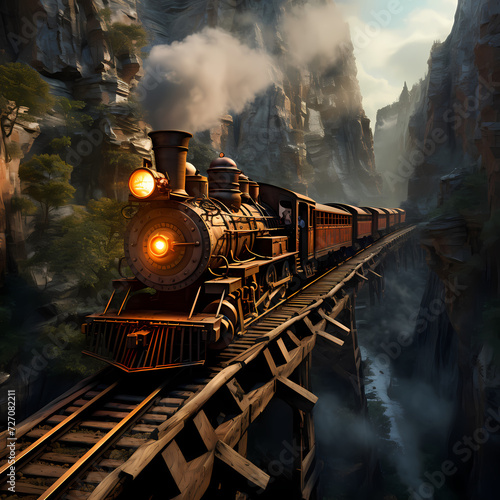 Steampunk-style train racing through a canyon.