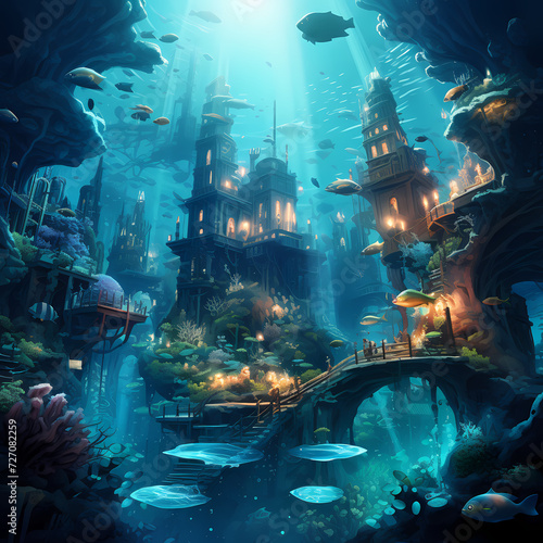 Surreal underwater city with marine life.