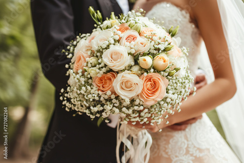 Wedding Couple with Light Rose and White Color Bouquet - Generative AI.