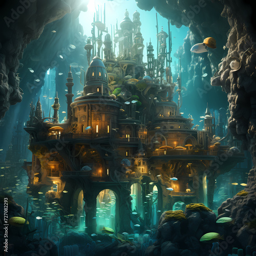 Surreal underwater city with marine life.