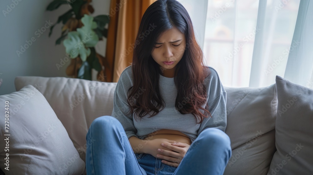 Conceptual of woman suffering menstrual pain, period cramp. Young woman holding belly sitting in bed suffering from pain during menstruation. Conceptual of woman suffering menstrual pain, period cramp. Young woman holding belly sitting in bed suffering from pain during menstruation.