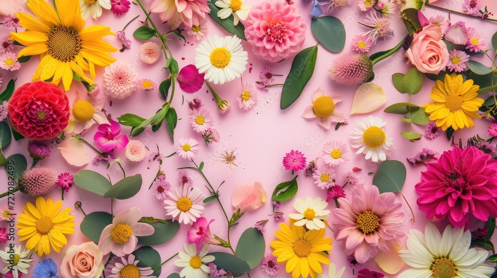 Creative layout made of flowers and leaves Flat lay Nature concept Floral Greeting card Colorful spring flower background space for text Nature Trendy Decorative Design Creative layout made of flowers and leaves Flat lay Nature concept Floral Greeting card Colorful spring flower background space for text Nature Trendy Decorative Design