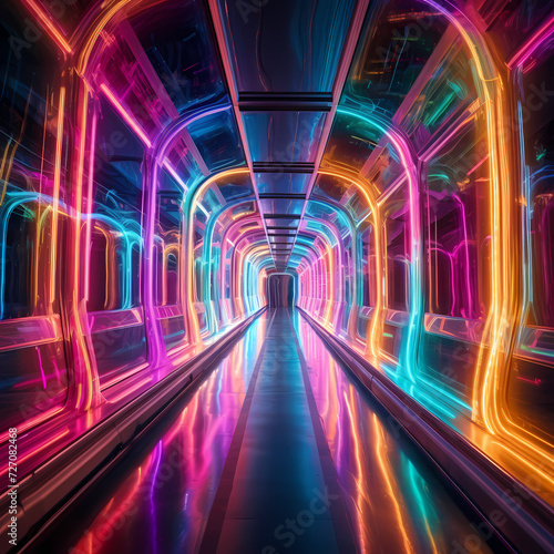 Trains made of light traveling through a neon tunnel