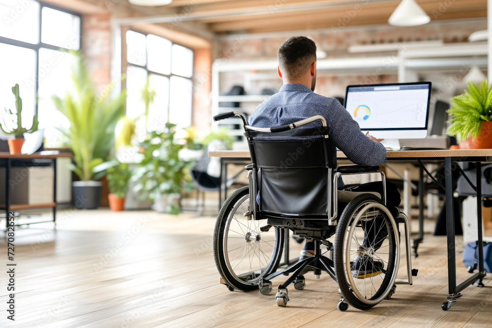 disabled staff in an office, happy young adult man in wheelchair in a office disabled staff in an office, happy young adult man in wheelchair in a office