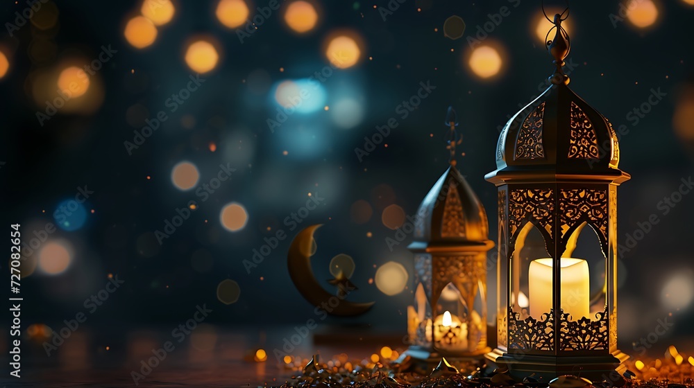 Ornamental Arabic lantern with burning candle glowing at night invitation for Muslim holy month Ramadan Kareem Ornamental Arabic lantern with burning candle glowing at night invitation for Muslim holy month Ramadan Kareem