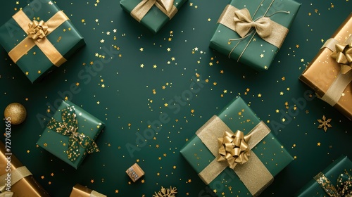 Golden and pink gift boxes on green background, top view © buraratn