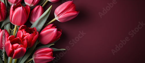Red tulip bouquet flower background. Floral wallpaper, banner. February 14, valentine's day, love, 8 march international women's day theme.	
 #727082866