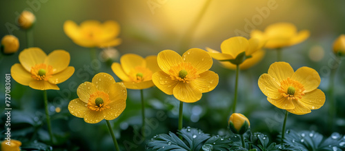 Yellow buttercup flower meadow background. Floral spring wallpaper, banner. Nature photo