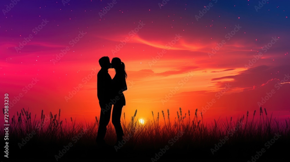 silhouette Romantic couple lovers hug and kiss at colorful sunset on background love concept silhouette Romantic couple lovers hug and kiss at colorful sunset on background love concept