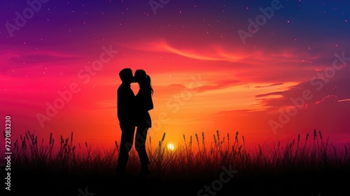 silhouette Romantic couple lovers hug and kiss at colorful sunset on background love concept