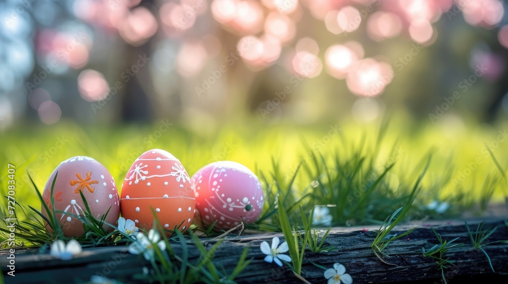 top veiw Painted easter eggs in the grass celebrating a Happy Easter in spring with a green grass meadow, cherry blossom and on rustic wooden bench to display top veiw Painted easter eggs in the grass celebrating a Happy Easter in spring with a green grass meadow, cherry blossom and on rustic wooden bench to display