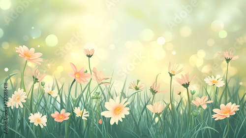 A field of cute, bright flowers on a soft pastel background.