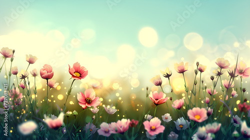 A field of cute, bright flowers on a soft pastel background.
