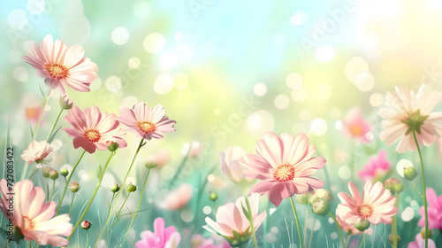 A field of cute, bright flowers on a soft pastel background.