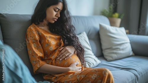 Unhappy sick pretty long-haired young indian woman wearing casual comfy outfit sitting on couch in living-room at home, touching belly, suffering from period crumps, side view, copy space photo