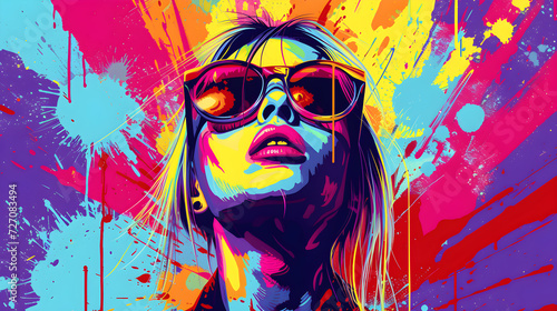 The girl s face  complete with bright colors  contrasts sharply in a punk style.