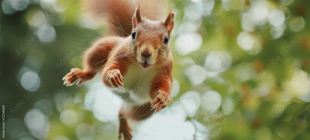 Wildlife animal photography background - Closeup of sweet crazy jumping red squirrel (sciurus vulgaris) in the forest or park