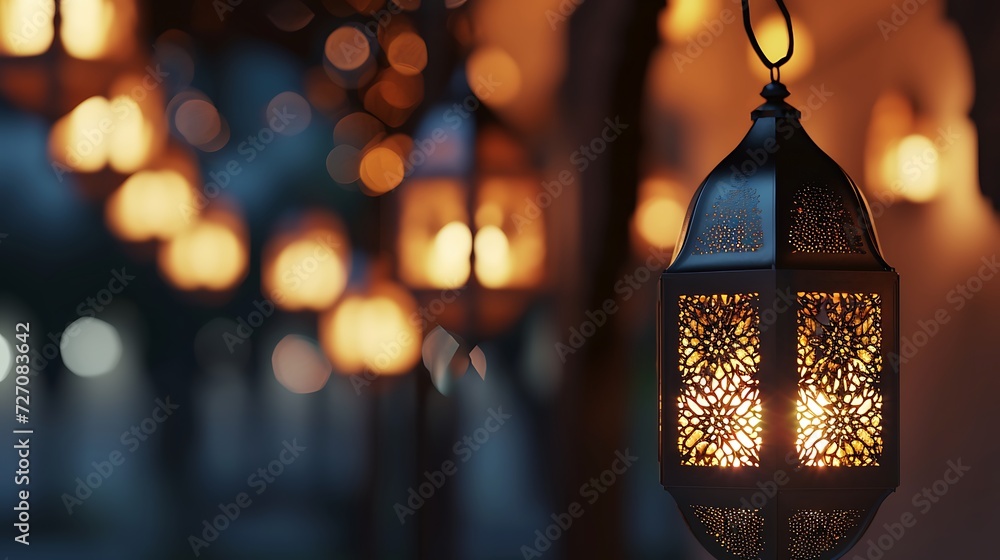 Hanging Ornamental Arabic lantern glowing in night invitation for Muslim holy month Ramadan Kareem Hanging Ornamental Arabic lantern glowing in night invitation for Muslim holy month Ramadan Kareem
