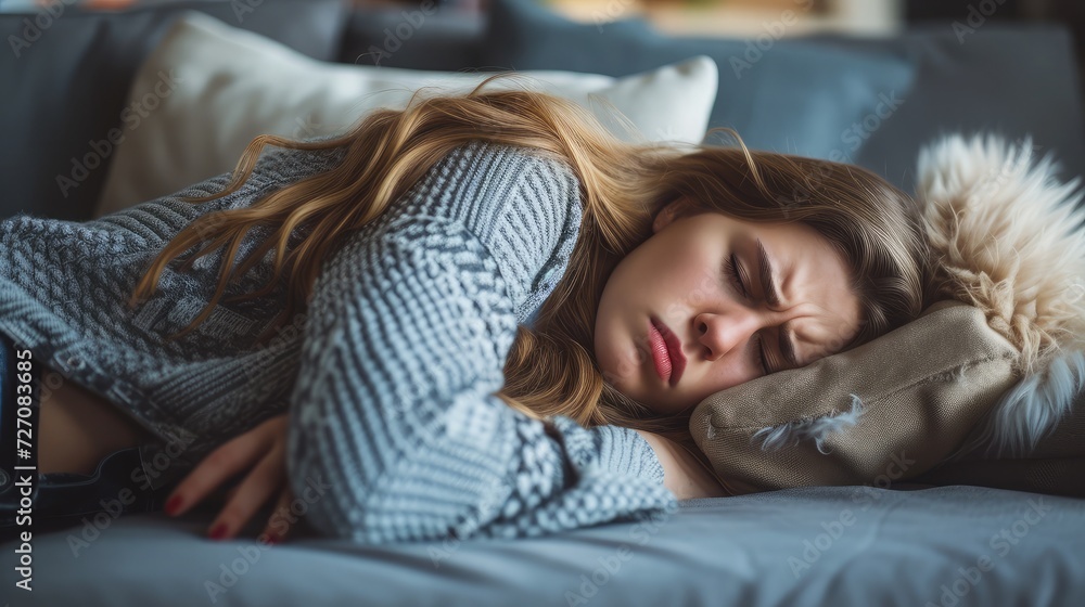 Young woman in pain lying on couch at home, casual style indoor shoot Young woman in pain lying on couch at home, casual style indoor shoot