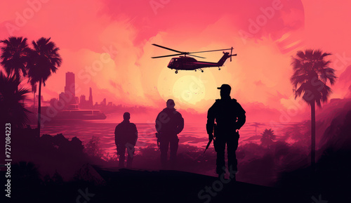 Warrior's Sunset: The Silhouette of a Special forces Soldier in Action, Armed with a Rifle, Leading a Team in an Intense Battlefield Battle.