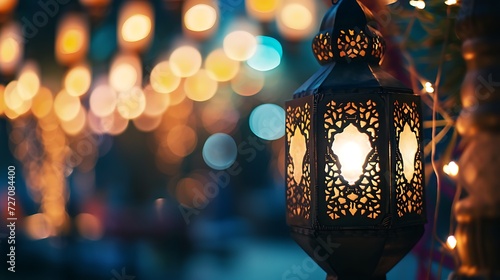 Hanging Ornamental Arabic lantern glowing in night invitation for Muslim holy month Ramadan Kareem