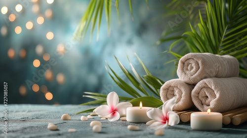 Spa background. Beauty day spa salon background with rolled towels, lit candles, palm leaves and plumeria frangipani flowers, and smooth spa massage stone pebbles. Relaxation spa template