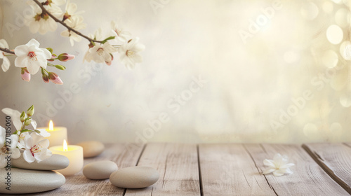 Spa background. Beauty spa salon background with spa massage stone, aromatic candle, sakura cherry flowers on on wooden floor surface background. Spa stone massage template photo