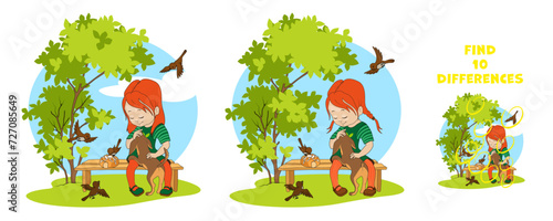 Cartoon child girl siting on a bench in city park or in yard, petting puppy and feeding birds a bun. Find differences. Attention puzzle for kids