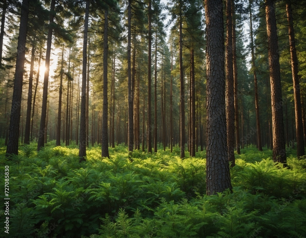 Nature symphony. Lush green pines forest serene summer morning view. Coniferous haven. Nature symphony. Lush green pines forest serene summer morning view. Coniferous haven.