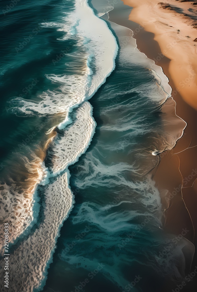 drone shot of ocean at noon coastline in cinematic scene 
