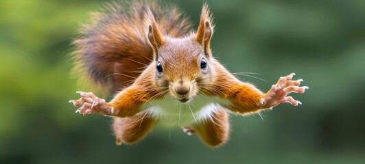 Wildlife animal photography background - Closeup of sweet crazy jumping red squirrel (sciurus vulgaris) in the forest or park