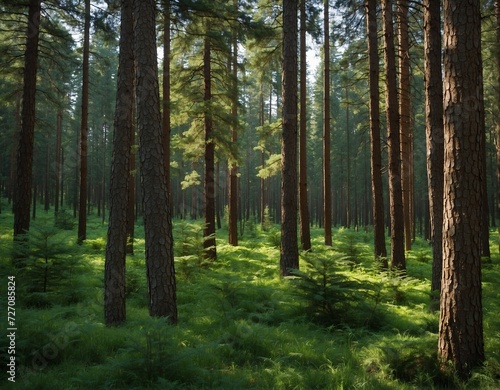 Nature symphony. Lush green pines forest serene summer morning view. Coniferous haven.