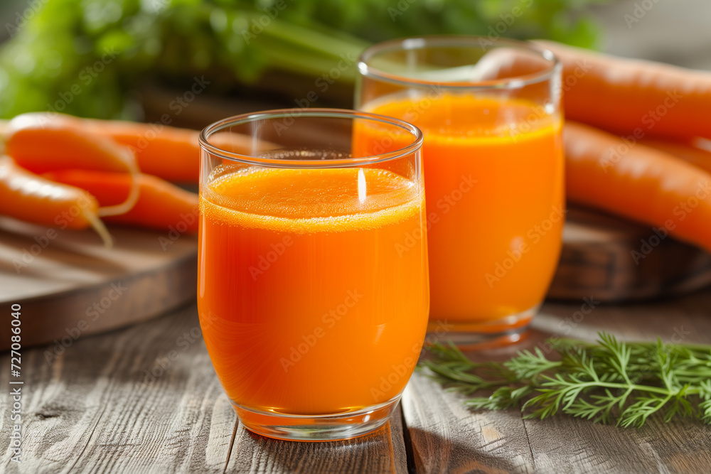 Two glasses of fresh carrot juice on a wooden table Two glasses of fresh carrot juice on a wooden table